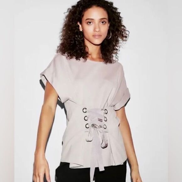 EXPRESS Light Pink Capped Short Sleeve Dressy Top Corset  Waist Blouse Size XS - Picture 2 of 10